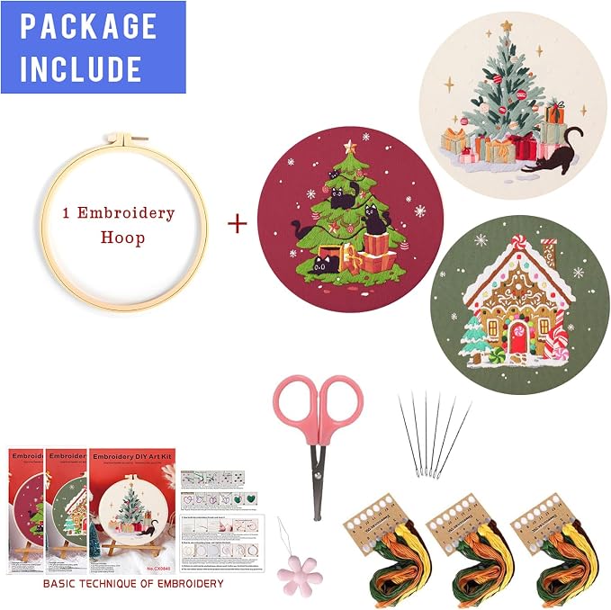 LB Christmas Embroidery Kit for Beginners Adults, 3 Sets Hand Embroidery Starter Kit with Black Cat Pattern and Instructions Stamped Cross Stitch Kits Include Embroidery Hoop Needles Threads Scissors
