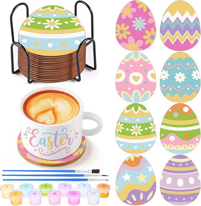 Reallnaive 8 Pcs Easter Eggs Paint by Numbers Kit for Adults Wooden Coaster | Mini Paint by Numbers, Tiny Cute Round Oil Painting Drink Coaster with Holder, for Small DIY Craft Birthday Gift