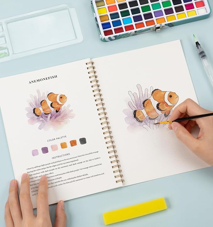 Watercolor Workbook with 12 Seaside Patterns,50 Colors Watercolor Paint Set | Water Coloring Book, Beginner-Friendly Watercolor Workbooks for Creative Exploration Gift for Adults