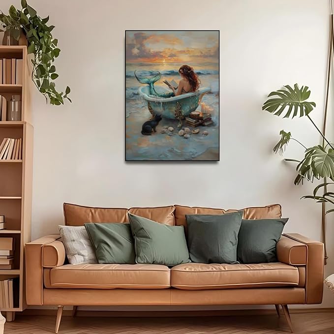 Mermaid bathtub Paint by Numbers Kit for Adults Beginner (Without Frame) | Beach shells Paint by Number Kits on Canvas DIY Acrylic Oil Easy Painting by Numbers for Home Wall Decor Gift12X16 in