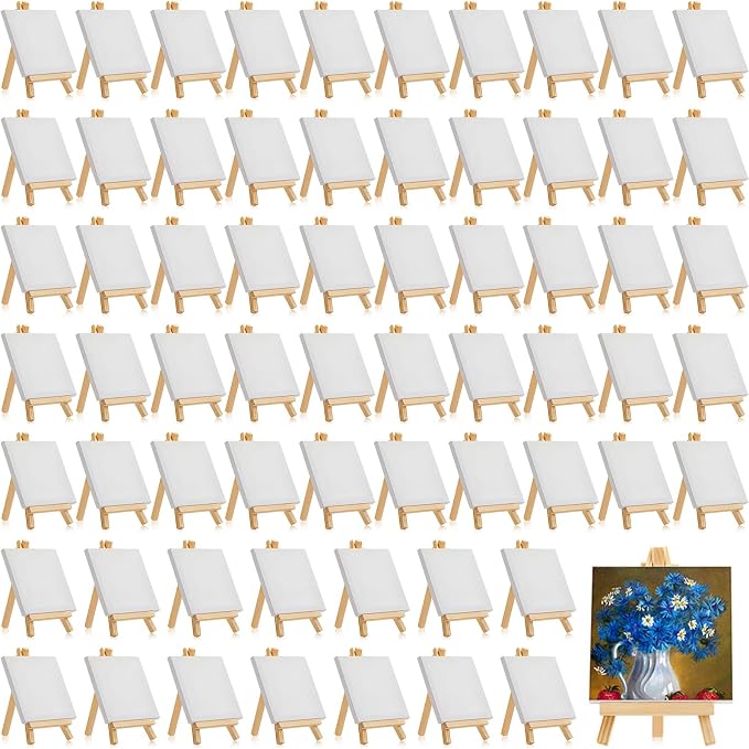 128 Pcs /64 Pack 4 x 4 Inch Mini Canvas and Easel Set Bulk for Paint Party