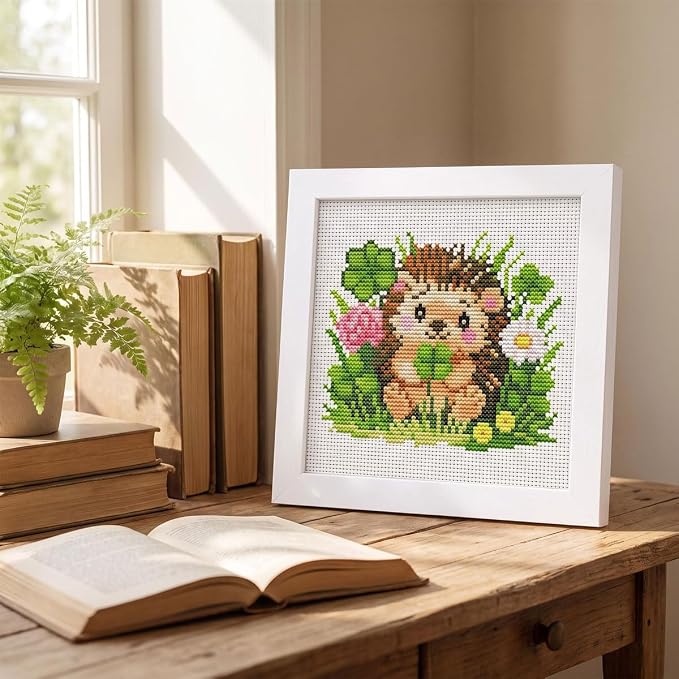 Hedgehog Clover Stamped Cross Stitch Kits for Beginners Adults with Framed | Flowers and Grasses Needlepoint Counted Cross Stitch Kits for Beginners Adults Embroidery Kits Arts and Crafts 6 x 6 inch