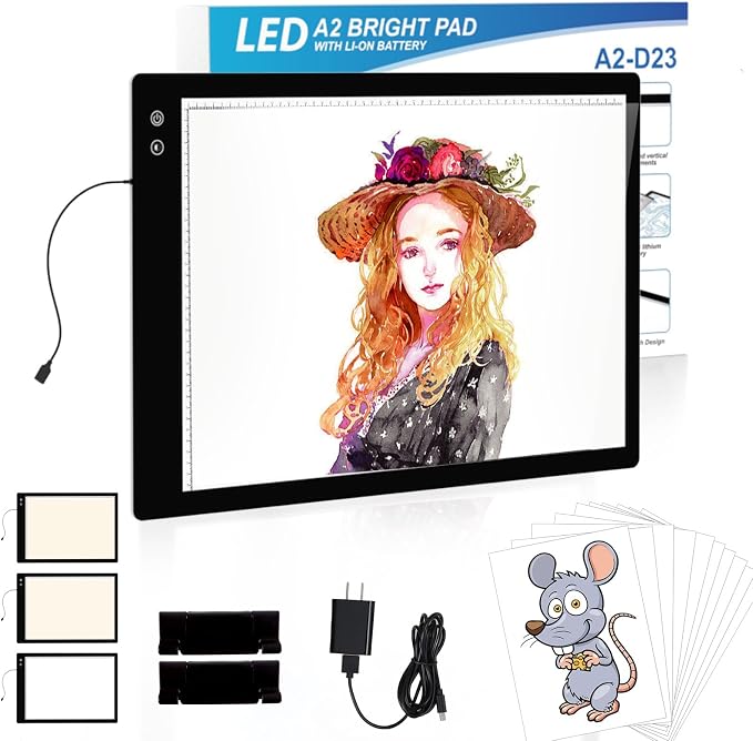 YINGWOND Rechargeable A2 Light Pad, Wireless Battery Powered Artist Tracing Light Box, 3 Colors/6-Level/Stepless Adjusted Brightness Large Light Board for Diamond Painting, Cricut Weeding Vinyl, Art