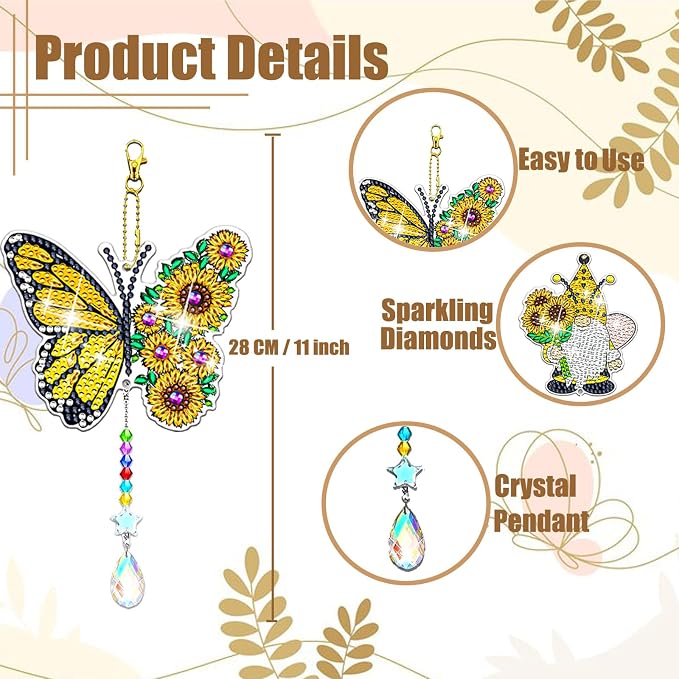 8 Pcs Gnomes Diamond Art Suncatchers Double Sided Diamond Painting Suncatcher Sunflower Diamond Painting Wind Chime Kits 5D DIY Diamond Art Kits for Adults Hanging Ornaments