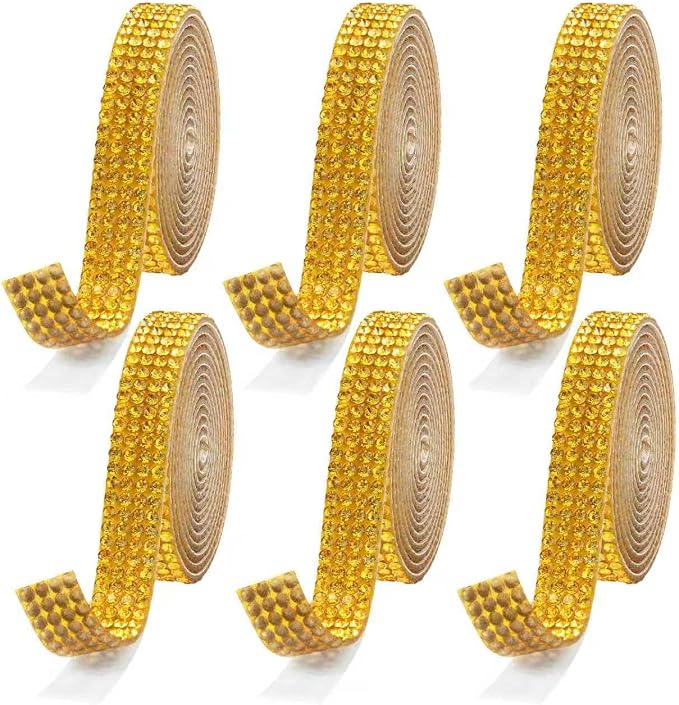 Rhinestone Ribbon Self Adhesive, 6-Yard Bedazzling Strips, 6-Rolls Rhinestone Strips for DIY Craft, Rhinestones for Crafting, Home Decor and Special Events, Golden