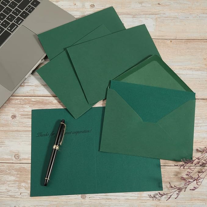 50 Pack Dark Green A7 Envelopes with Cards and Gold Stickers, 5x7