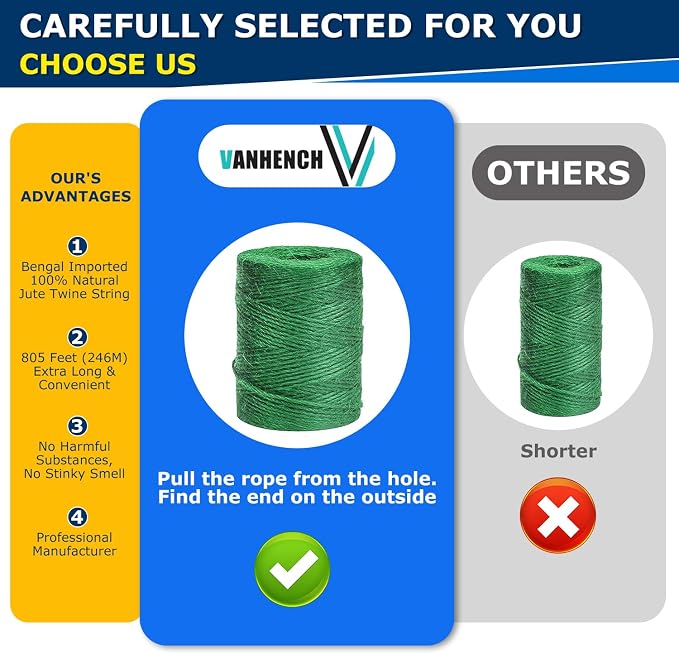 Vanhench 805ft Strong Natural Garden Twine String, Green | For Gardening Climbing Plants Ties, Tomato String Outdoor Floristry Hanging Planter Basket, Christmas Arts Crafts, Greenhouse