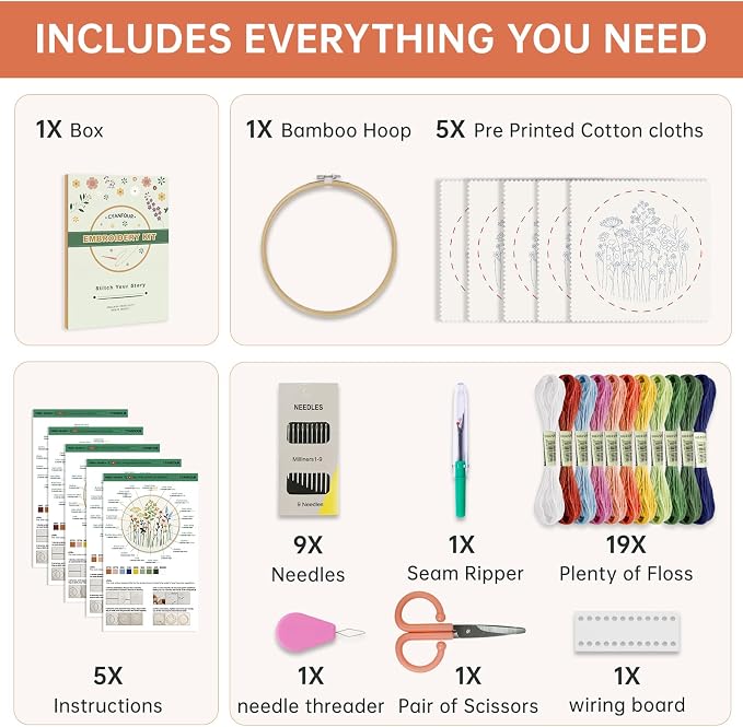 CYANFOUR 5 Pack Beginner Embroidery Kit for Adults with Video & Instruction | Easy to Learn Floral Embroidery Patterns, Includes Multiple Accessories, Gift for Craft Lovers