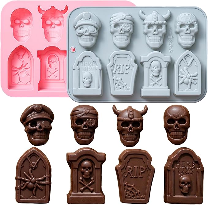 Halloween Silicone Molds, 2 Pack Skull Tombstone Silicone Chocolate Molds, Skull Silicone Candy Molds Silicone Baking Molds for Chocolate, Cake, Soap, Resin, Halloween Party Supplies