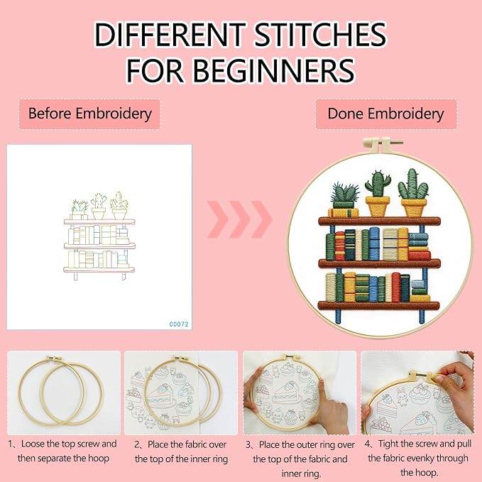Zhenqing Book Lover Embroidery Kit for Beginners, Bookshelf & Cactus Needlework Craft with Pre-Printed Cotton Fabric, Hoop, Threads & Tools, Reading Nook Decor (C0072)