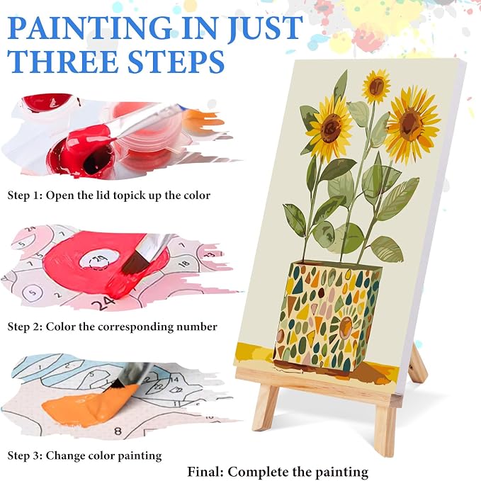 4 Pack Framed Paint by Numbers Kit for Adults with Wooden Easel, Sunflower Easy Paint by Number Kits with Frame, DIY Acrylic Adult Paint by Number Kits on Canvas Framed for Home Decor Gift 8x12 Inch