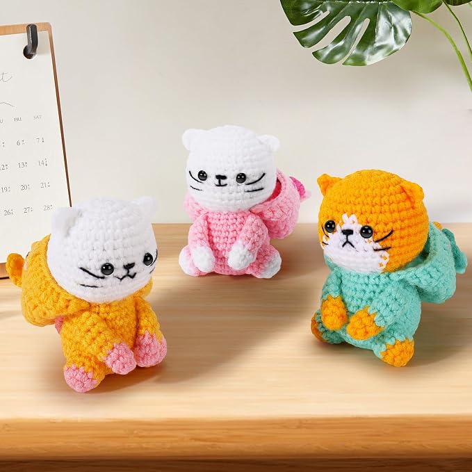 Crochet Kit for Beginners - 3 PCS Unicorn Cat Crochet Kits with Step-by-Step Video Tutorials, Beginner Crochet Kit for Adults, Crochet Animal Kit for Starters, Cat Dressed as Unicorn Set