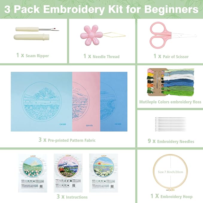 RidaaFri Embroidery Kit for Beginners, 3PC Floral Mount Sunshine Patterns | Stamped DIY Kits for Adults Starter, Hand Embroidery Practice Set with Step-by-Step Video Tutorial Include Hoop Needles Floss