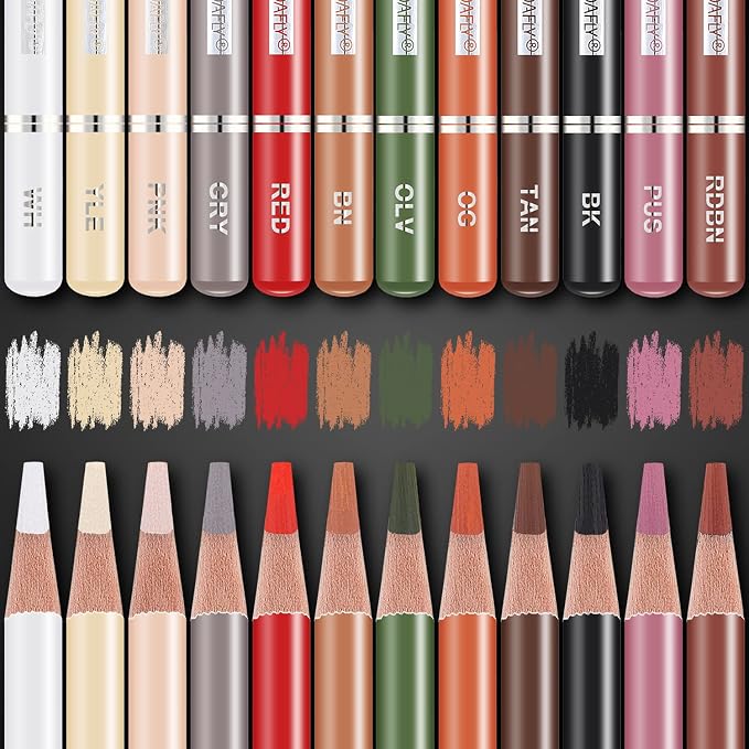 PANDAFLY Professional Colored Charcoal Pencils Drawing Set, 12 Colors | Skin Tone Colored Pencils, Pastel Chalk Pencils for Sketching, Shading, Coloring, Layering & Blending