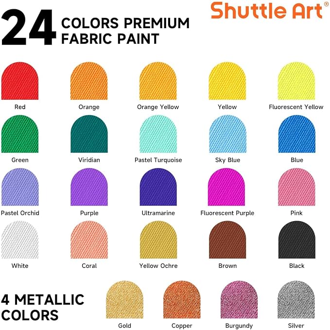 Shuttle Art Fabric Paint 24 Colors Permanent Soft Fabric Paint in Bottles (60ml/2oz) with Brushes &Stencils, Non-Toxic Textile Paint for T-Shirts, Shoes, Jeans, Bags, DIY Projects & Crafts
