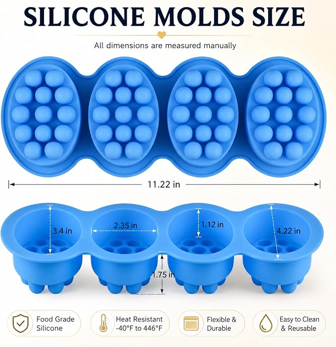 SJ Silicone Massage Soap Mold, 2-Pack 4-Cavity Soap Making Mold | Handmade Hair Brush Shampoo Bar Molds, Food Grade, BPA Free, Easy Release, Reusable