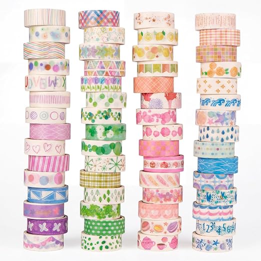 60 Rolls Washi Tape Set Aesthetic Decorative Masking Tape | Decorative Tape Bohemian Colored Tape for Journaling Supplies, Scrapbooking Kit, Planner, Junk Journal, School Supplies