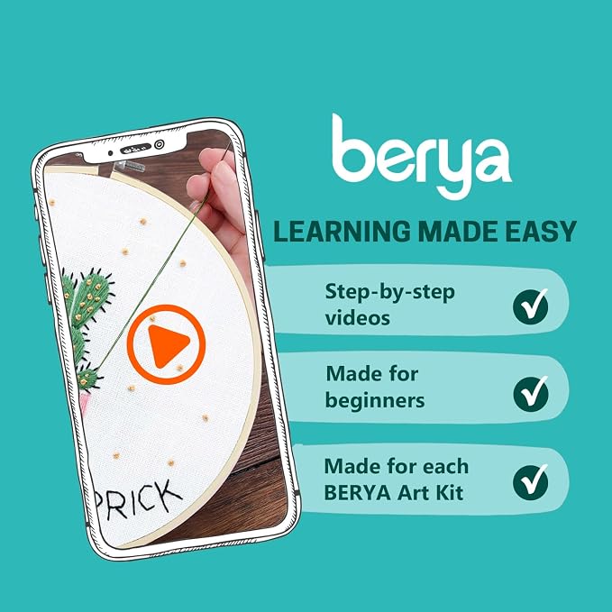 BERYA Cactus Embroidery Kit Including Video Step by Step Instructions Embroidery Hoop,Color Threads and Embroidery Scissors for Beginners-Handmade Needlepoint Kits for Adults