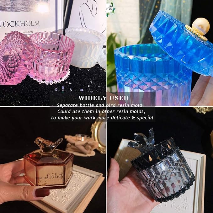 Silicone Crystal Box Resin Mold with Lid and Bird Handle Shape Mold for Epoxy Resin Jewelry Storage Bottle Jar Trinket Containers Candle Holder DIY Crafts Supplies Resin Kit Home Decor Gift