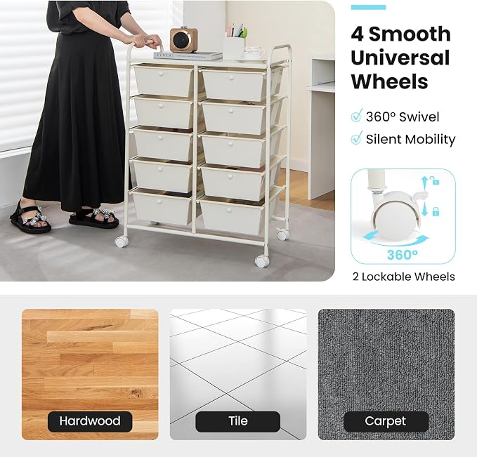 Giantex 10 Drawers Rolling Cart, Classroom Organizers, Storage Cart with Wheels, for Teacher Office Home School Supplies Tool Craft Art Paper, Ivory Color