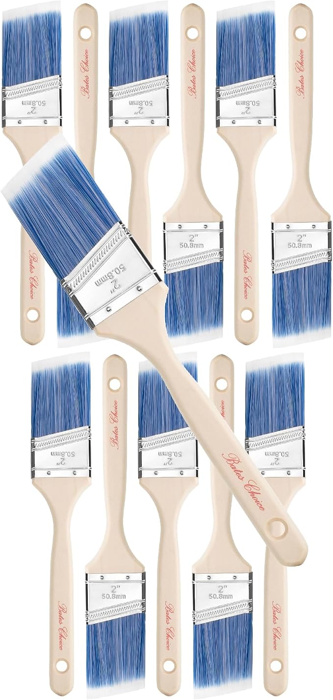 Bates Angle Paint Brushes, 2-Inch, 12 Pack, Treated Wood Handle, Stain & Wall Brushes for Painting Furniture & Walls