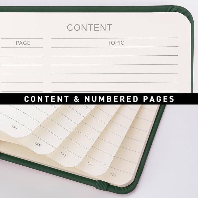 RETTACY Lined Journal Notebook, 192 Numbered Pages, A5 Size (5.7'' x 8.3'') | Leather Hardcover, 100 GSM Thick Paper, for Men & Women, Journaling, Writing, Work & Office (Dark green)