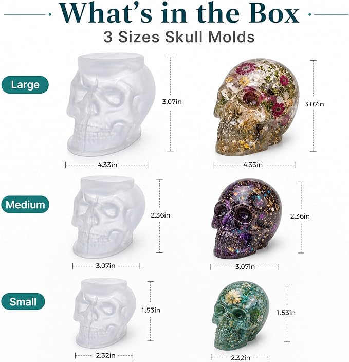 3pcs 3D Skull Resin Molds,Skull Molds for Epoxy Resin Casting- Candle Wax