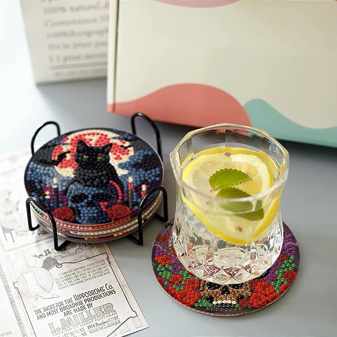 askkqtx 8 Pcs Halloween Diamond Art Coasters Kits with Holder 4X4 Inch