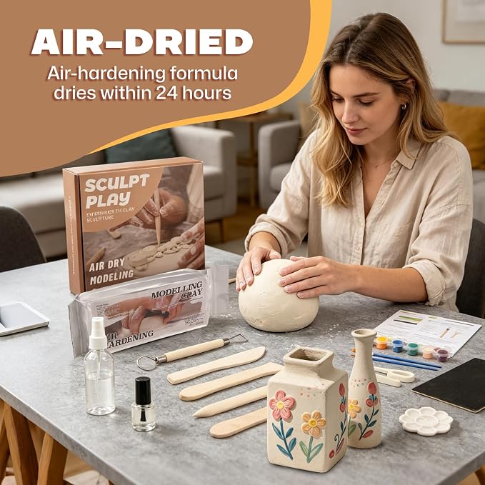 Air Dry Clay Kit for Adults, Complete Pottery Set for Beginners with Tools, Handmade Art Gifts for Women Men