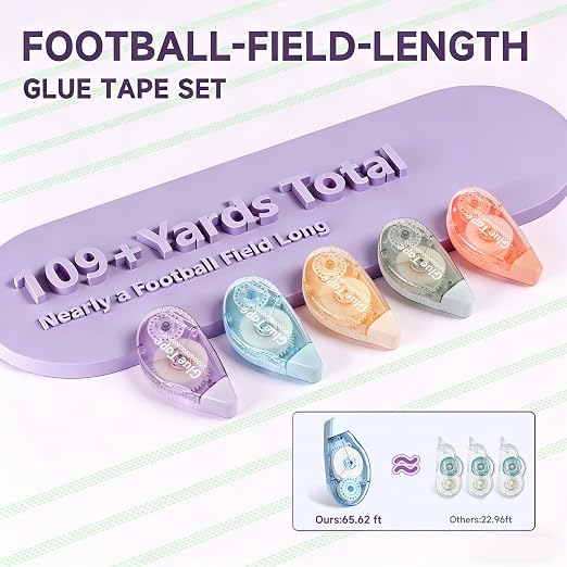 Upgrade 3X Longer Glue Tape, 5-Pack Total 109 Yards, Photo-Safe Acid-Free Double Sided Tape for Crafts, Scrapbook and Junk Journal Supplies (0.31 in × 65.62 ft, Multicolor)