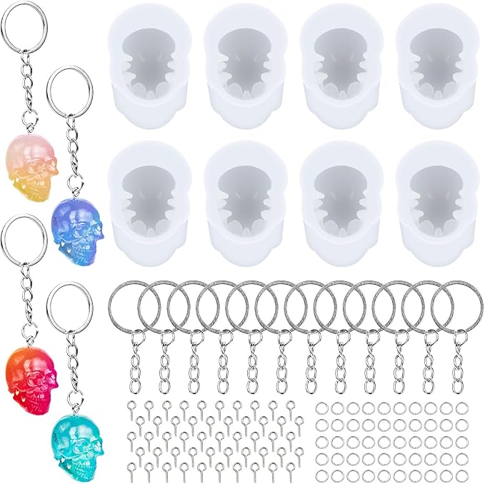8 Pcs Skull Silicone Molds, 3D Skull Resin Molds with Key Ring Accessory, Halloween Skeleton Head Candle Mold for DIY Keychain, Bracelet, Pendant, Halloween Decor
