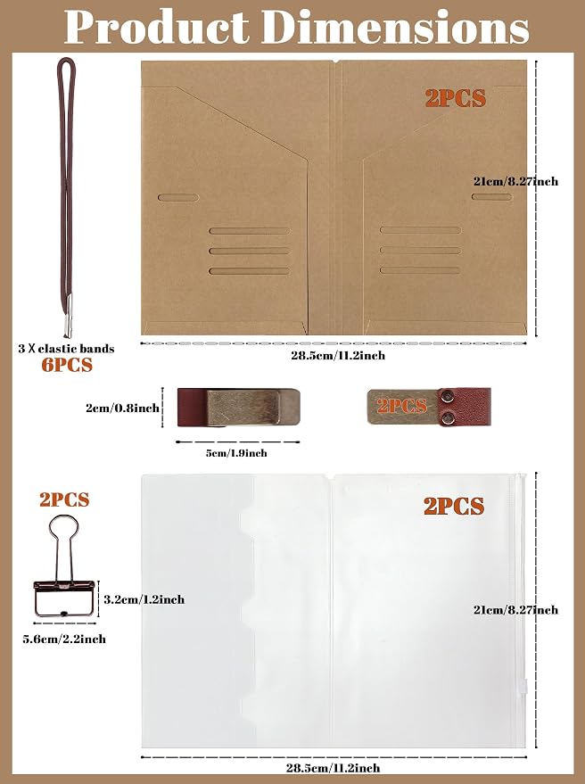 2 Pack A5 Size Travelers Notebook Accessories Kit Includes Kraft File Folders, PVC Zipper Pouches, Pen Holders, Binder Clips & Elastic Bands for Travel Journal Organizer Supplies