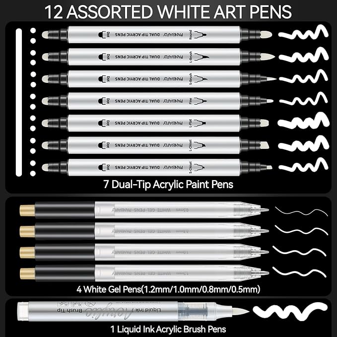 PANDAFLY 12 Pack White Pens Set, White Gel Pens, Dual-Tip Acrylic Paint Pen