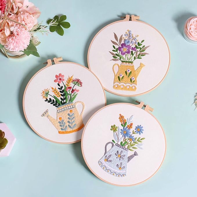 GLTAYLMY 3pcs Embroidery Starter Kit with Vase Pattern, Stamped Cross Stitch Kits for Beginners Adults with Embroidery Hoop and Instructions, Hand Embroidery Kit