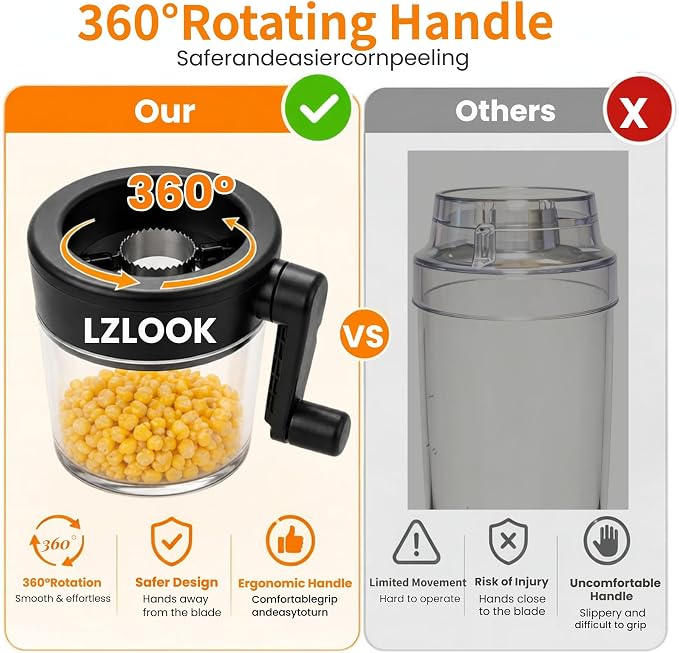 Corn Peeler for Corn on the Cob, Corn Stripper Tool with Rotating Handle, Corn Sheller to Cut Corn Safely and Quickly, Corn Kernel Cutter with Bowl