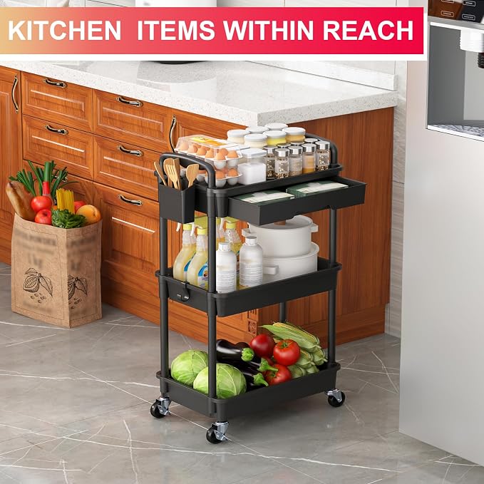 Goovilla 3 Tier Rolling Utility Cart Organizer with Removable Drawer, Black | Stable and Sturdy Rolling Storage Carts with 2 Lockable Wheels for Bathroom, Kitchen, Snack, Craft, Makeup, Baby Essentials