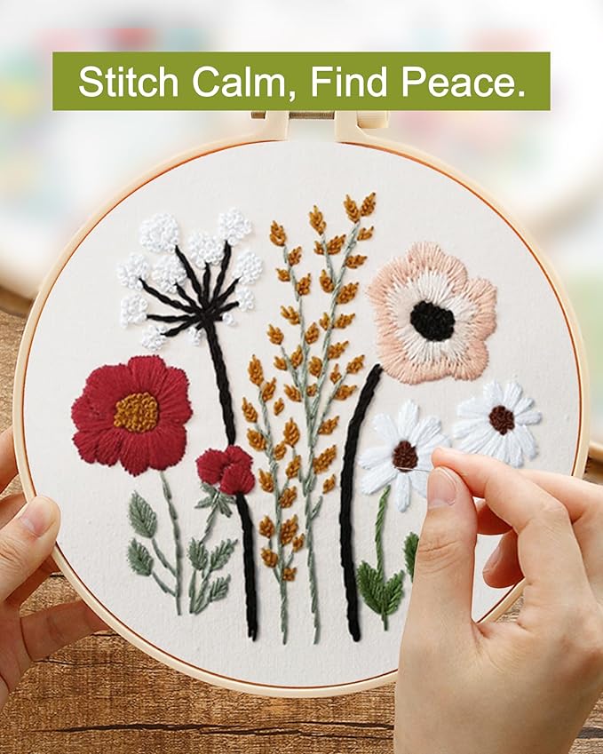 Santune 3 Sets Embroidery Kit,Cross Stitch Kits for Beginners,Needlepoint Kits for Adults with Easy Floral Pattern Hand Crafts,Hoop,Needle,Mothers Day Gifts