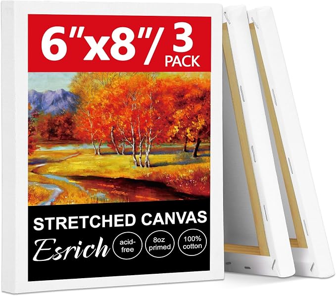 ESRICH Small Canvases for Painting 6x8in, 3 Pack Stretched Canvases for Painting 5/8" Profile Primed Acid Free Painting Canvas for Kids for Oil Paint, Watercolor, Acrylic Paint, Gouache, Tempera.