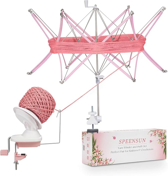SPEENSUN Yarn Winder and Swift Combo, 3.5OZ Cake Maker & Umbrella Set, Pink | Easy Install Knitting Spinner, Turns Hanks into Tidy Skeins, Adjustable Multi-Angle Design, Fits Below Size 5