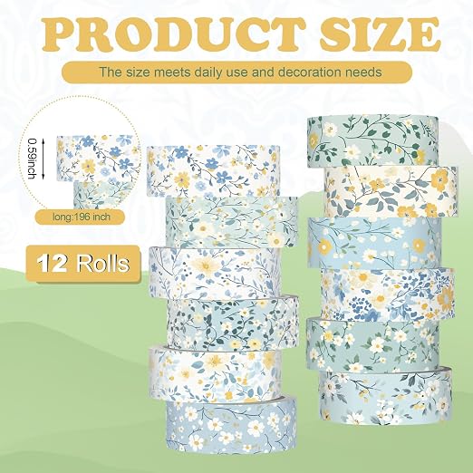 12 Rolls Floral Washi Tape Set,Blue,Wildflower | Watercolor Flowers Design for Scrapbook Journal DIY Craft School Supplies, 15 mm Vintage Decorative Masking Washi Tapes