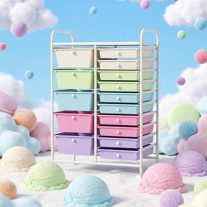 LDAILY 15 Drawer Rolling Storage Cart, Rolling Cart with Drawers for Classroom, Art Supply Craft Organizer on Wheel with Metal Frame & Handles for Home Office School (Ice cream color, 15 Drawer)