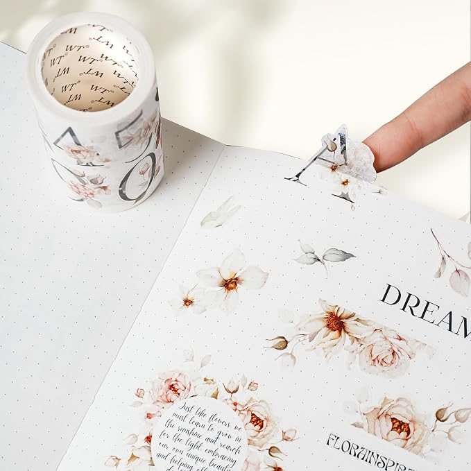 WT Pre-Cut Rosé Scripts Wide Washi Tape, Single Roll, Original Designs, Blush Floral & Handwritten Script, Japanese Decorative Paper Tape, Junk Journal Scrapbook Bujo Planner DIY Craft Supplies