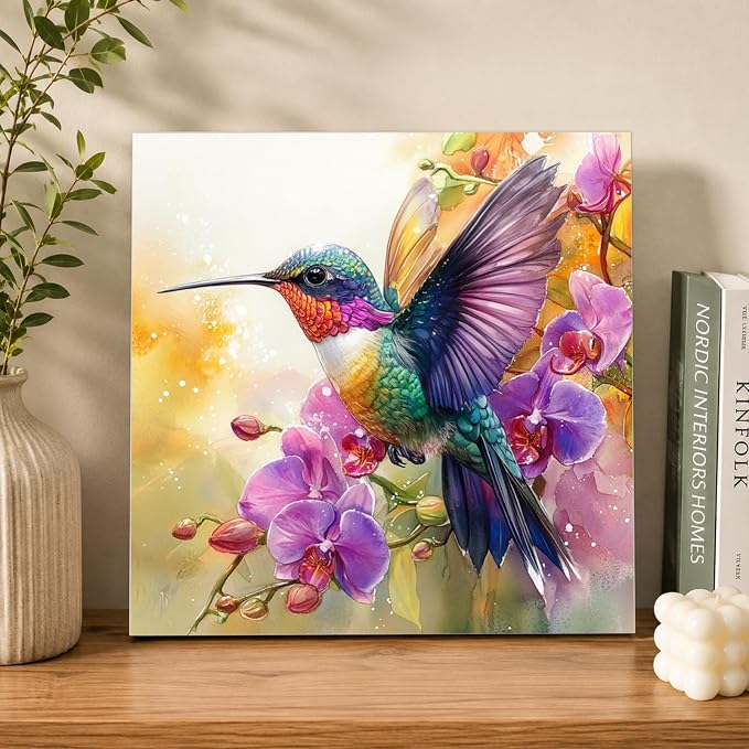 AUKELHJ Framed Paint by Numbers Kit for Adults, Hummingbird, 10x10 inch
