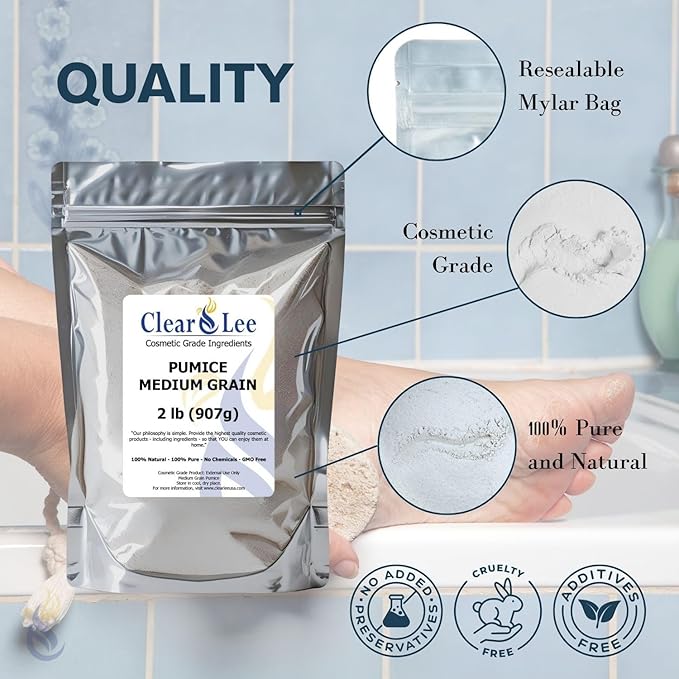 ClearLee Cosmetic Grade Pumice - 100% Pure Natural Grain/Powder - Great For Skin Exfoliation in DIY Soaps, Masks, Scrubs for Face, Body, Foot (2lb, Fine Grain)