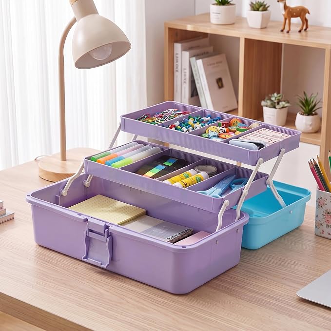 BTSKY 3-Layer Plastic Dividing Storage Box Craft Organizer and Storage | Portable Handled Art Supply Organizer with Adjustable Spacers Multipurpose Home Utility Box for Medicine Sewing(Blue+Purple)