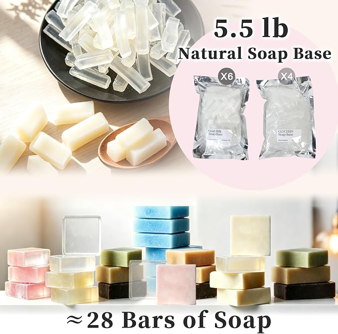 100+ Pcs Deluxe Soap Making Kit, 5.5lb Natural Soap Base with Soap Melting Pot, 8 Essential Oils, 10 Dyes, 5 Soap Molds, etc., All-in-One DIY Soap Making Supplies for Beginners