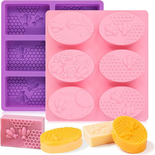 SJ 3D Bee Honeycomb Soap Mold Set, 2-Pack 6-Cavity Silicone Soap Molds | For Soap Making, Wax Melts, Beeswax, Cake & Chocolate, Food Grade Silicone, Easy Release, Reusable