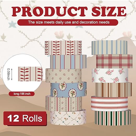 12 Rolls Floral Washi Tape Set,Retro,Mixed Pattern | Watercolor Flowers Design for Scrapbook Journal DIY Craft School Supplies, 15 mm Vintage Decorative Masking Washi Tapes