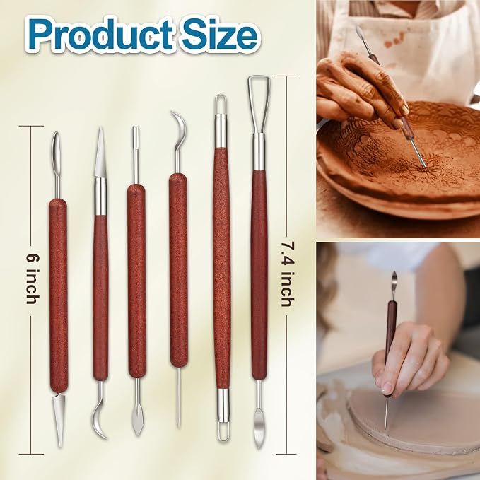 Amrules 6 Pcs Double-Ended Clay Carving Tools Set for Adults, Red | Double-Ended Stainless Steel Tips, Smooth Wood Handles, 12 Shapes for Shaping, Smoothing & Detailing, Ideal for All Levels