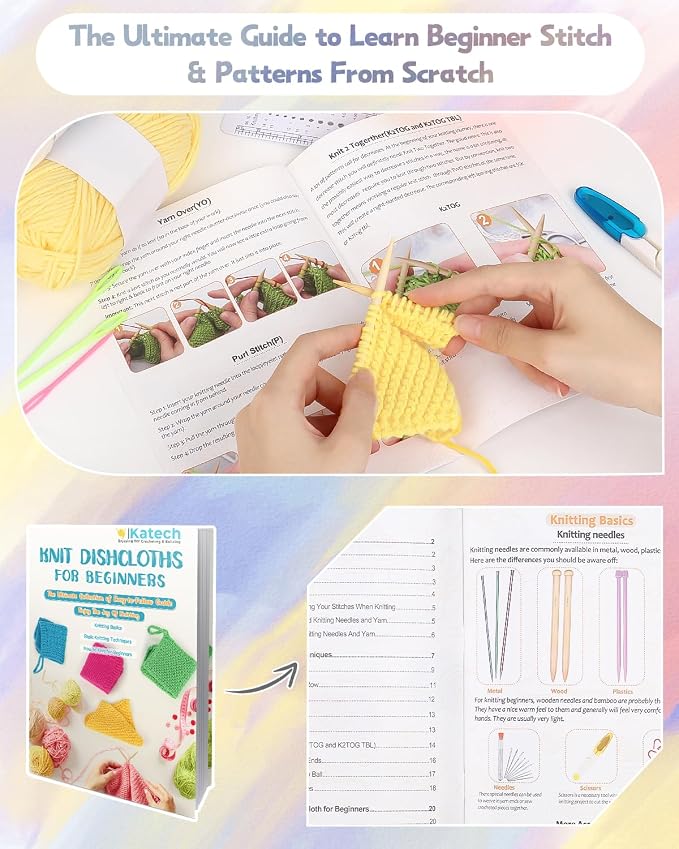 Katech Beginner Knitting Kit for Adults-Includes Book, Needles, Soft Yarn-Art Craft Kit for Learning to Make Dishcloths